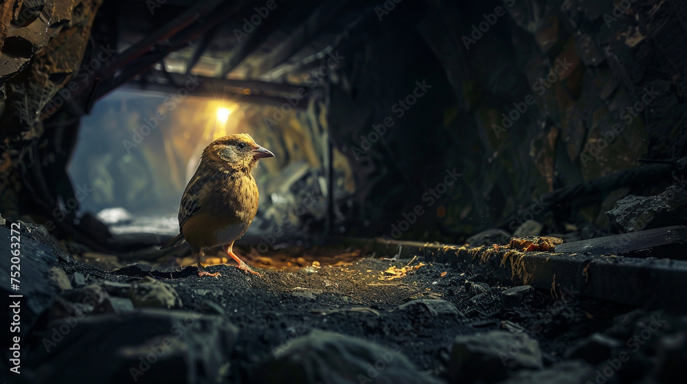 In the shadowy depths of a coal mine, a trembling canary with ruffled feathers sits perched, its anxious presence a vital beacon amidst the looming peril, alerting to potential danger - obrazy, fototapety, plakaty 