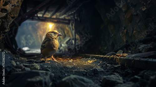 In the shadowy depths of a coal mine, a trembling canary with ruffled feathers sits perched, its anxious presence a vital beacon amidst the looming peril, alerting to potential danger