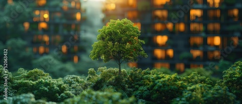 A modern building overlays trees in a forest, abstract modern architecture replaces the trees, and a big city develops a concept to replace them photo