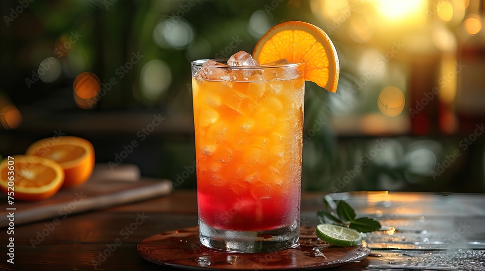 Fototapeta premium Mexican Tequila Sunrise with a blend of tequila at restaurant 