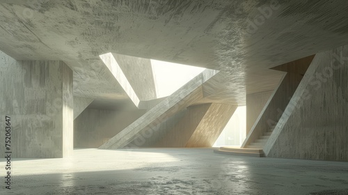 An abstract futuristic architecture render with an empty concrete floor in 3D...