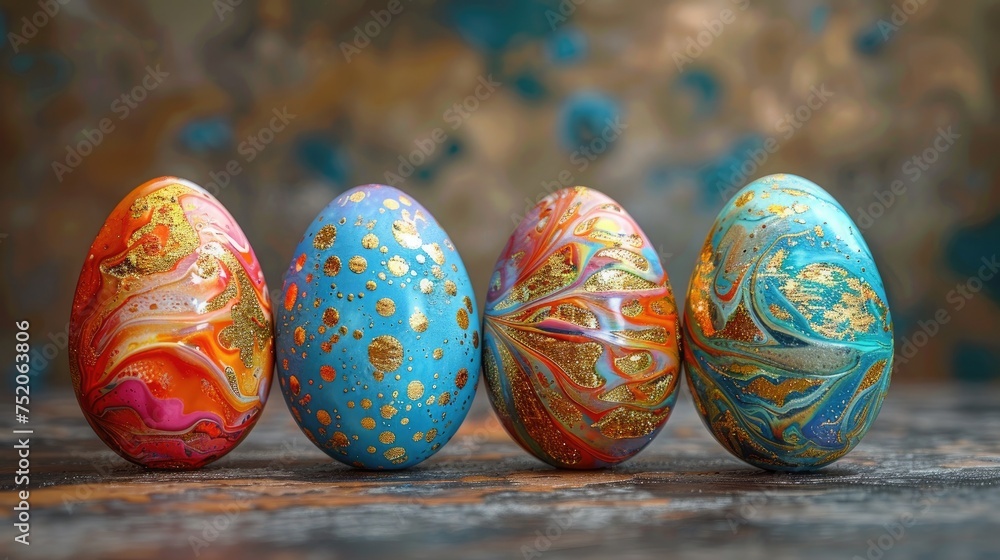 Easter eggs painted with colors, creative eggs, pysanky on dark blurred background. Paint splashes and swirls Easter eggs painted with colors, creative eggs, pysanky on dark blurred background. Paint splashes and swirls