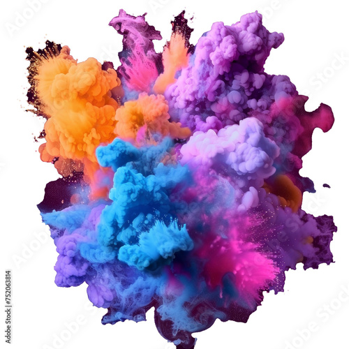 Colourful powder Holi paints, colorful clouds or explosions, ink splashes, decorative vibrant dye for festival. Illustration of a realistic 3D  illustration of a traditional Indian holiday.