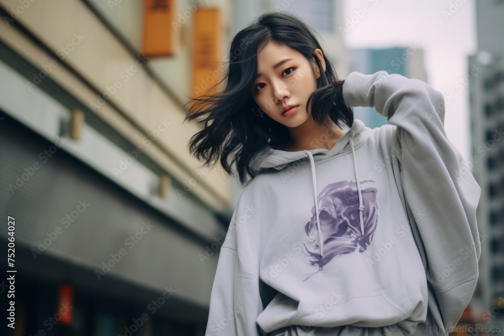 Fashion portrait of young beautiful asian woman posing in the city.