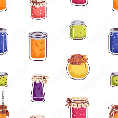 Fruit jam in jars, seamless pattern. Confiture, jelly preserves, homemade mar...