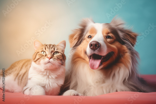 Cute dog and cat with happy expression lying together. Banner of pets. © erika8213