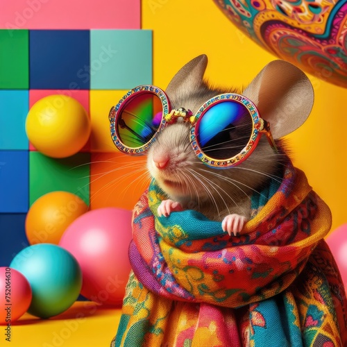 mouse adorned with colorful accessories against a vibrant, multicolored background. The mouse is wearing a pair of oversized, round sunglasses with multicolored lenses
