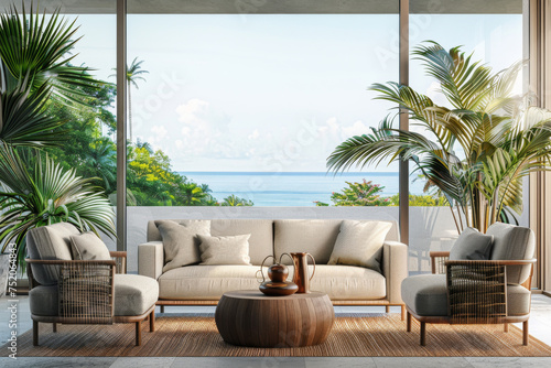 Outdoor Living room with nature scenery view for rest and relax decorate with modern furniture, cozy home decor background.