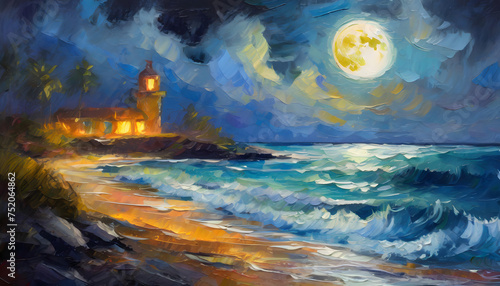 beach at night oil painting