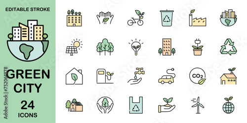 Eco green city line icons set. Editable stroke, vector illustration