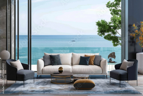 Outdoor Living room with nature scenery view for rest and relax decorate with modern furniture  cozy home decor background.