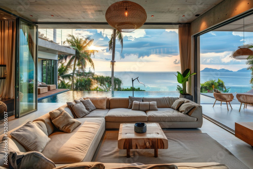 Outdoor Living room with nature scenery view for rest and relax decorate with modern furniture, cozy home decor background. © TANATPON