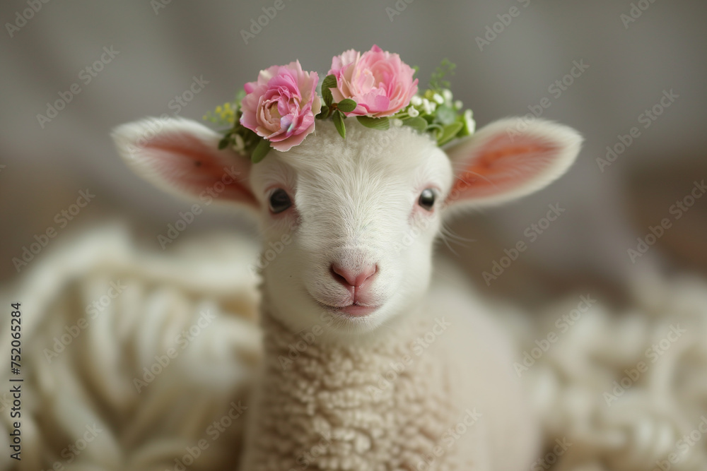 Fototapeta premium Springtime adorable baby lamb wearing a flower crown, Easter concept.