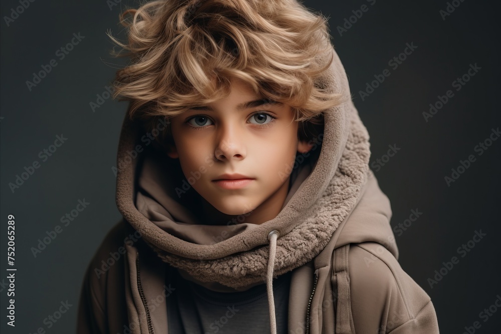 Portrait of a cute little boy in a warm coat and hood.