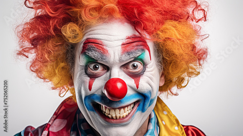 Close-up portrait of a crazy creepy clown - a psychopath. Halloween image concept