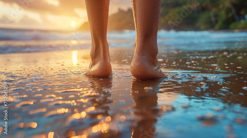Woman walking barefoot on water along the beach at sunset