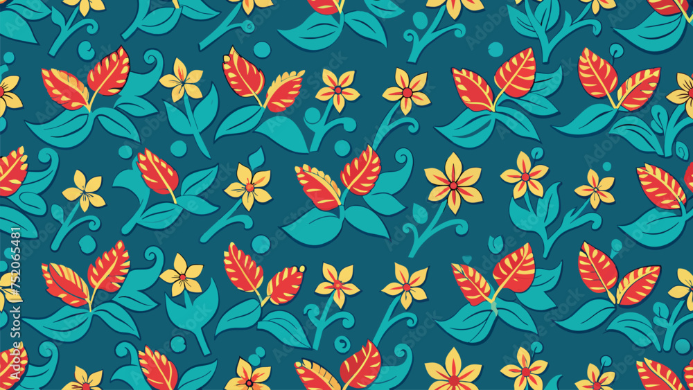 Seamless pattern with flowers and leaves on a blue background. Seamless pattern with flowers and leaves on a blue background.