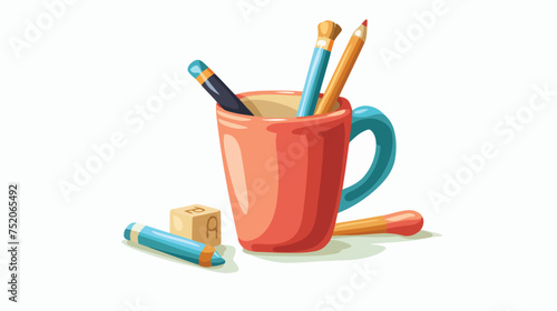 Cup with writing tools icon.