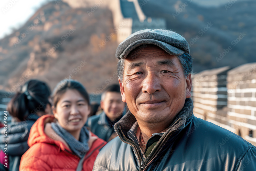 Smiling man with family in background at tourist attraction. Travel and leisure. Smiling man with family in background at tourist attraction. Travel and leisure.