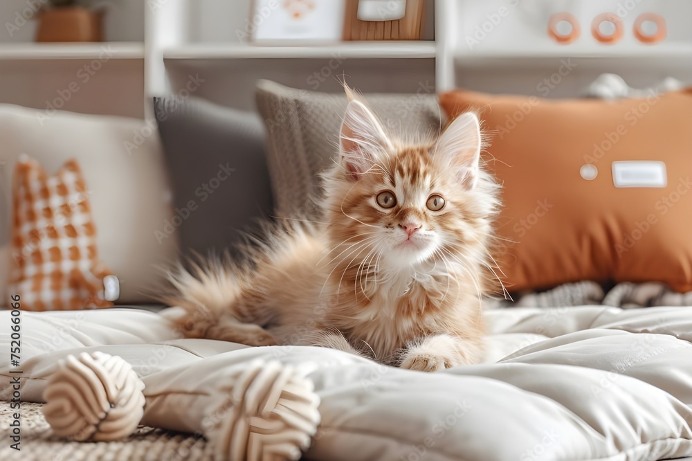 Cute kitten resting on white sofa at home