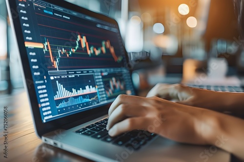 Stock market data chart analysis by ingenious computer software . Investment application display stock market chart on the computer screen and advise trading decision .