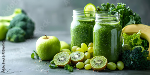 Glass jar mugs with green health smoothie  kale leaves  lime  apple  kiwi  grapes  banana  avocado  lettuce. Copy space. Raw  vegan  vegetarian  alkaline food concept. Banner
