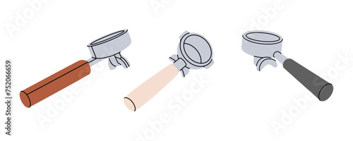 Coffee portafilters for coffee machine. Hand drawn elements for cafe menu, coffee shop. Vector illustration.