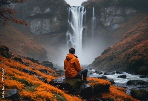 person taking a break from their journey, sitting on wet rocks with patches of orange moss, admiring a waterfall obscured by thick fog.