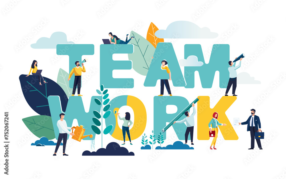 Vector flat business illustration, businessmen together build word teamwork, abstract graphic design, construction business project. Business team people looking for a job. Loudspeaker career planning Vector flat business illustration, businessmen together build word teamwork, abstract graphic design, construction business project. Business team people looking for a job. Loudspeaker career planning