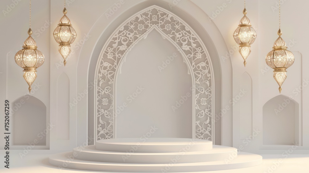A minimalist empty podium with Islamic-inspired touches, adorned with tasteful Ramadan Kareem decorations and vibrant colors, designed for product displays.