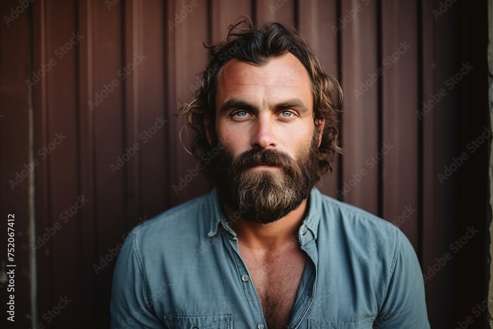 Portrait of handsome man with long beard and mustache in blue shirt Portrait of handsome man with long beard and mustache in blue shirt