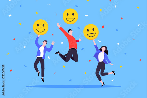 Employee wellbeing and positive emotions attitude business concept flat style vector illustration. Business people jump in with positive emoticons. Happy mood, workplace customer satisfaction feedback