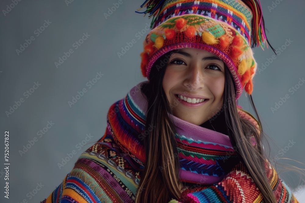 A woman wearing a colorful hat and scarf is smiling A woman wearing a colorful hat and scarf is smiling
