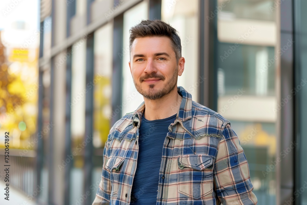 A man wearing a plaid shirt and blue shirt is smiling A man wearing a plaid shirt and blue shirt is smiling