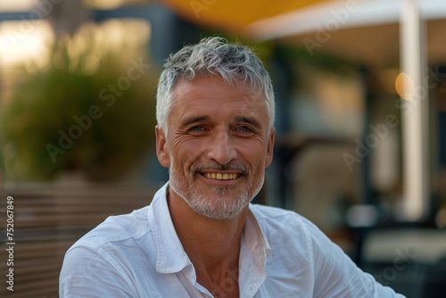 A man with a white shirt and gray hair is smiling