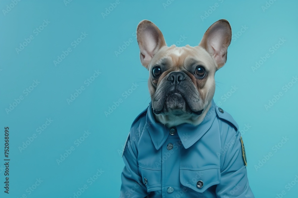 A dog is wearing a blue shirt and hat and has a badge on its chest