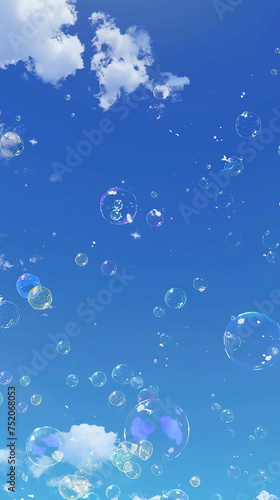 Soap bubbles fly in the blue sky. 3D illustration.