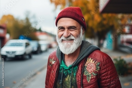 Portrait of an old man with a white beard and a red hat on the street