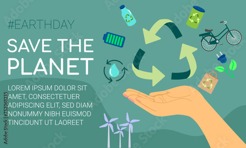 Hand with recycle icons. Save the planet. Vector illustration.