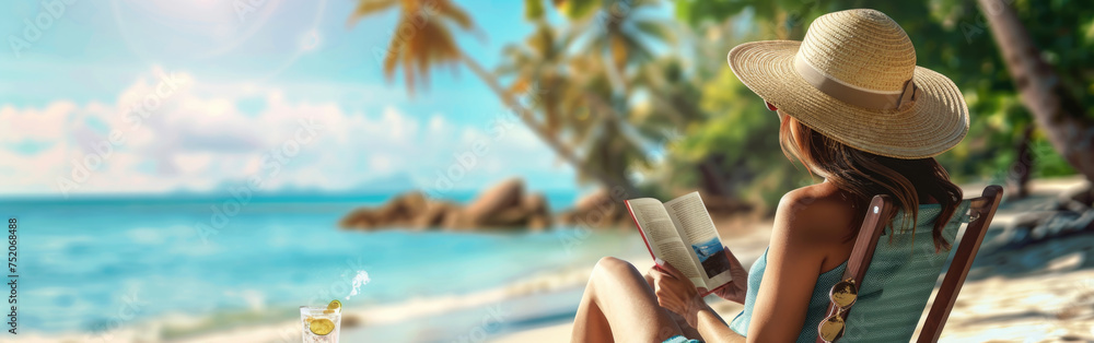Fototapeta premium Woman on the beach relaxing and reading a book