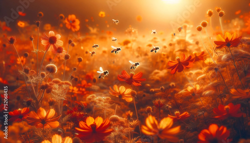 A vibrant and detailed scene showcasing the intricate dance of pollination. In the foreground, several bees, with their wings a blur of motion