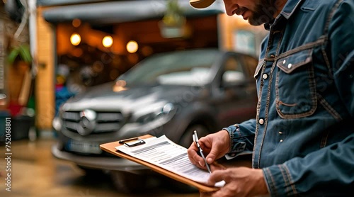 An insurance agent inspects cars in a garage repair shop with a clipboard in hand photo