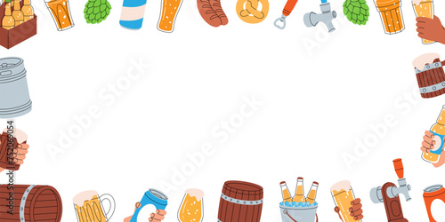 Beer pub elements in horizontal banner. Barrels, cans, mugs, keg, bottle opener, sausages, tap, hop cone. Brewing process, brewery factory production.