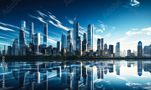 Reflective Waterfront Panorama of Modern City Skyline with Skyscrapers and Bright Blue Sky at Dusk, Urban Architecture and Futuristic Metropolitan Cityscape Concept © Bartek