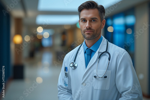 A handsome male doctor wears a white coat and wears a stethoscope around his neck