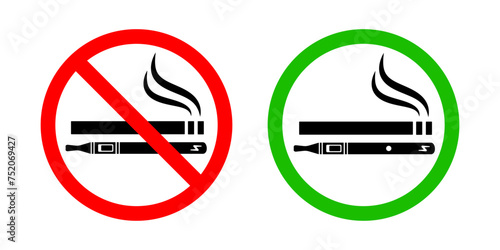 No smoking no vaping and smoking area sign set. Forbidden sign icon isolated on white background vector illustration. Cigarette, vape in prohibition circle and green allowed area.