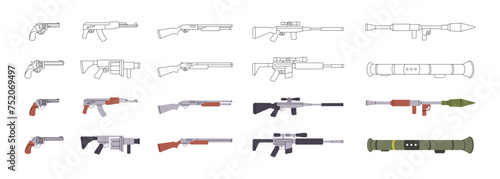 Weapons. Military weapons silhouettes. Tactical assault rifles, smoothbore guns, AK 47, sniper rifles, anti-tank grenade launchers.