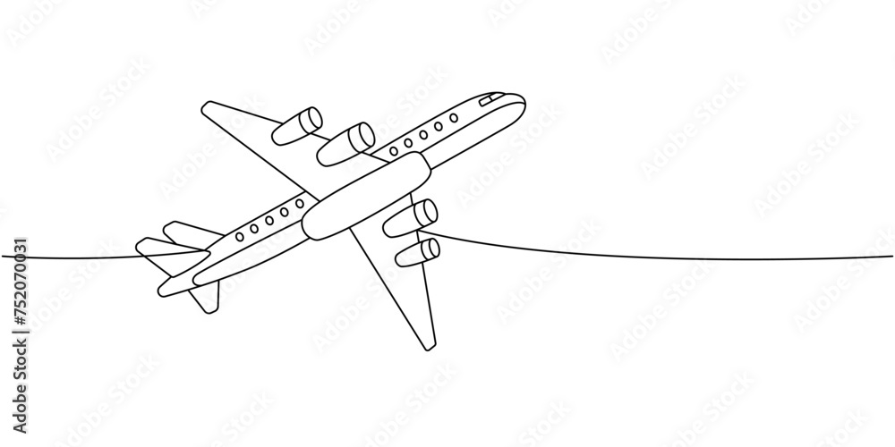 Jet airplane, passenger aircraft one line continuous drawing. Different air transport continuous one line illustration. Vector linear illustration Jet airplane, passenger aircraft one line continuous drawing. Different air transport continuous one line illustration. Vector linear illustration
