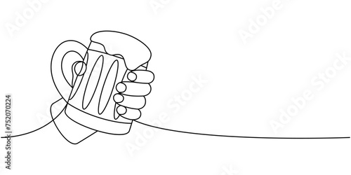 Hand holding a beer mug one line continuous drawing. Beer pub products continuous one line illustration. Vector linear illustration.