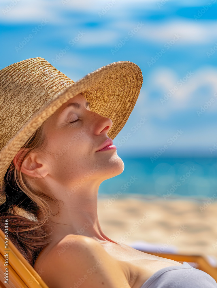 A content woman relaxing on a beach chair with a straw hat